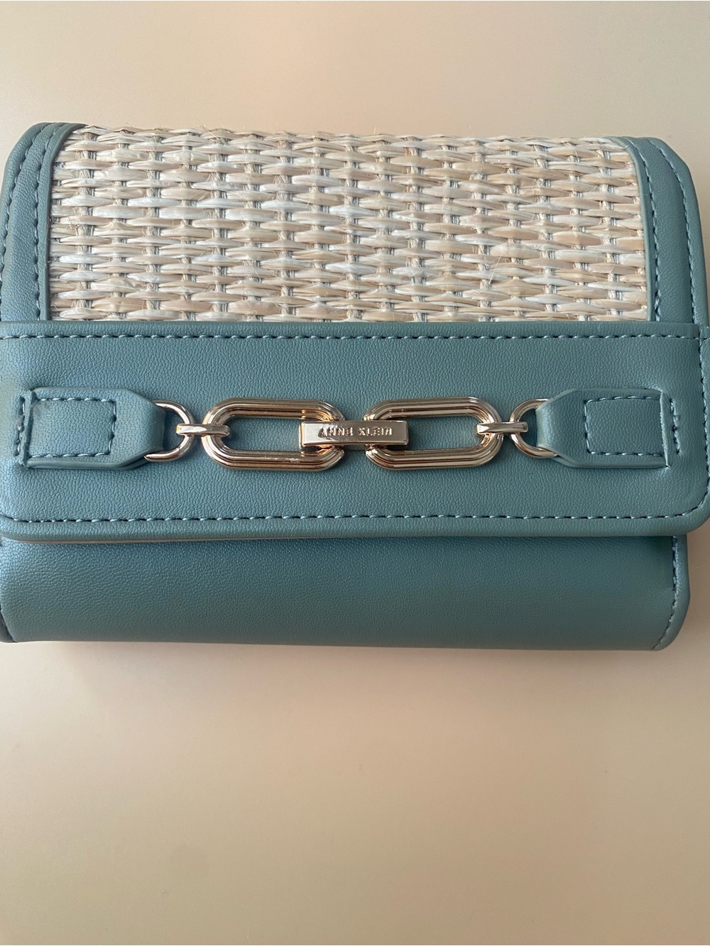 Anne Klein Olive Green and Tan Straw Trifold Wallet